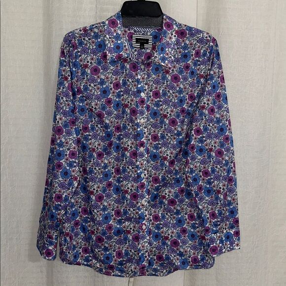 TALBOTS L White Blue Purple Poppy Ditsy Long Sleeve Modern Classic Cotton Shirt - Picture 5 of 15